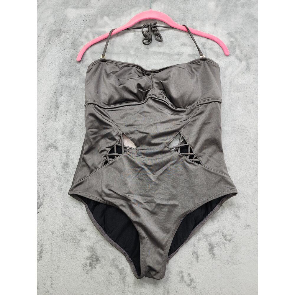 Apostrophe Criss Cross Cutout Tie Back One Piece Swimsuit Size L Silver Gray